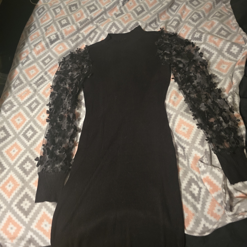 No Boundaries Black Dress with Sheer Floral Sleeves
